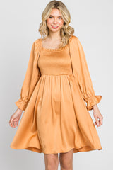 Camel Satin Smocked Square Neck Maternity Dress