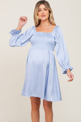 Light Blue Satin Smocked Square Neck Maternity Dress