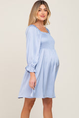 Light Blue Satin Smocked Square Neck Maternity Dress