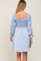 Light Blue Satin Smocked Square Neck Maternity Dress