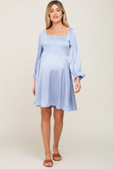 Light Blue Satin Smocked Square Neck Maternity Dress