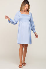 Light Blue Satin Smocked Square Neck Maternity Dress