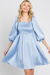 Light Blue Satin Smocked Square Neck Maternity Dress