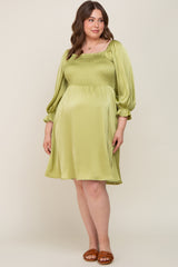 Lime Satin Smocked Square Neck Maternity Plus Dress