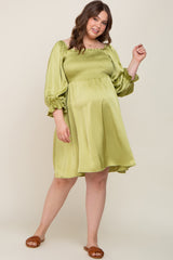 Lime Satin Smocked Square Neck Maternity Plus Dress