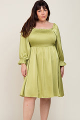 Lime Satin Smocked Square Neck Maternity Plus Dress