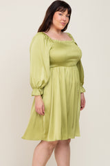 Lime Satin Smocked Square Neck Plus Dress