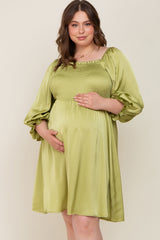 Lime Satin Smocked Square Neck Maternity Plus Dress