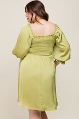 Lime Satin Smocked Square Neck Maternity Plus Dress