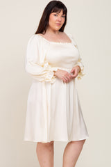 Ivory Satin Smocked Square Neck Plus Dress