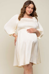 Ivory Satin Smocked Square Neck Maternity Plus Dress