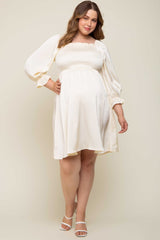 Ivory Satin Smocked Square Neck Maternity Plus Dress