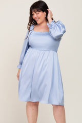 Light Blue Satin Smocked Square Neck Maternity Plus Dress