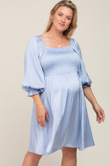 Light Blue Satin Smocked Square Neck Maternity Plus Dress