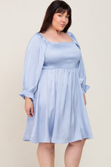 Light Blue Satin Smocked Square Neck Plus Dress