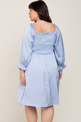 Light Blue Satin Smocked Square Neck Plus Dress