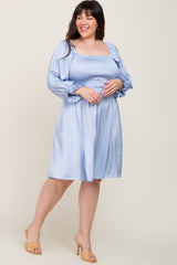 Light Blue Satin Smocked Square Neck Plus Dress