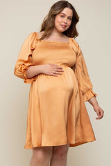 Camel Satin Smocked Square Neck Maternity Plus Dress