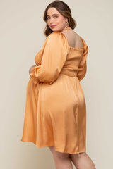 Camel Satin Smocked Square Neck Maternity Plus Dress