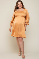 Camel Satin Smocked Square Neck Maternity Plus Dress