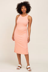 Peach Sleeveless Side Slit Maternity Midi Dress