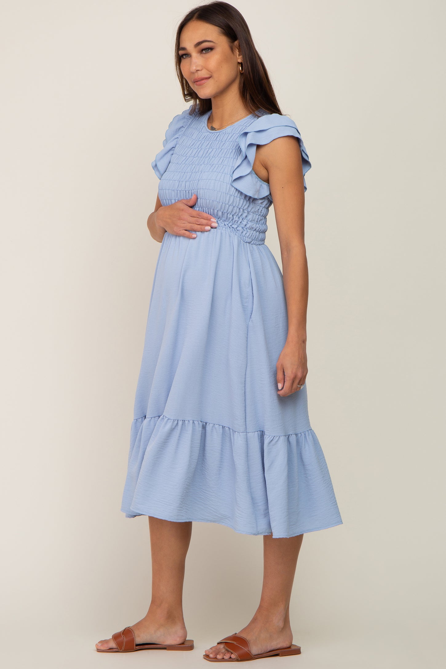 Light Blue Smocked Layered Ruffle Flutter Sleeve Maternity Midi Dress ...