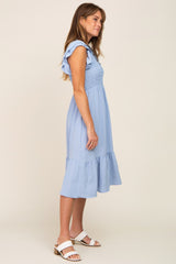 Light Blue Smocked Layered Ruffle Flutter Sleeve Midi Dress