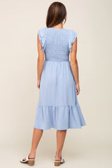 Light Blue Smocked Layered Ruffle Flutter Sleeve Midi Dress