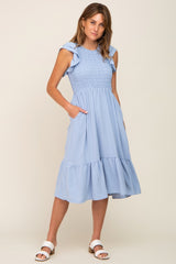 Light Blue Smocked Layered Ruffle Flutter Sleeve Midi Dress