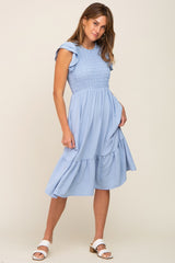 Light Blue Smocked Layered Ruffle Flutter Sleeve Midi Dress