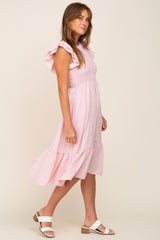 Light Pink Smocked Layered Ruffle Flutter Sleeve Midi Dress