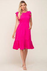 Fuchsia Smocked Layered Ruffle Flutter Sleeve Midi Dress