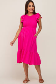 Fuchsia Smocked Layered Ruffle Flutter Sleeve Maternity Midi Dress