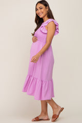 Lavender Smocked Layered Ruffle Flutter Sleeve Maternity Midi Dress