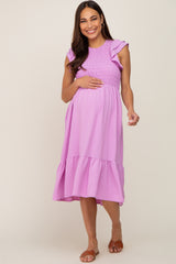 Lavender Smocked Layered Ruffle Flutter Sleeve Maternity Midi Dress