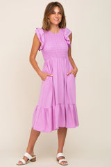 Lavender Smocked Layered Ruffle Flutter Sleeve Maternity Midi Dress