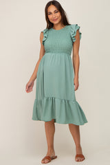 Sage Smocked Layered Ruffle Flutter Sleeve Maternity Midi Dress