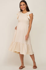 Beige Smocked Layered Ruffle Flutter Sleeve Maternity Midi Dress