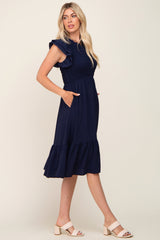 Navy Smocked Layered Ruffle Flutter Sleeve Midi Dress