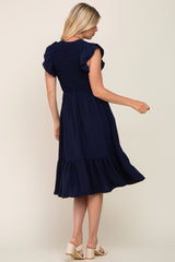 Navy Smocked Layered Ruffle Flutter Sleeve Midi Dress