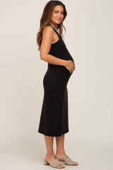 Black Sleeveless Ribbed Maternity Midi Dress