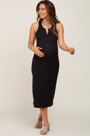 Black Sleeveless Ribbed Maternity Midi Dress