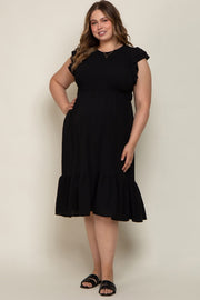 Black Smocked Layered Ruffle Flutter Sleeve Maternity Plus Midi Dress