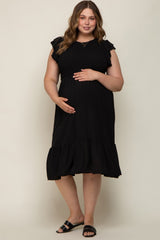 Black Smocked Layered Ruffle Flutter Sleeve Maternity Plus Midi Dress