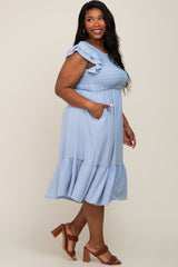 Light Blue Smocked Layered Ruffle Flutter Sleeve Plus Midi Dress