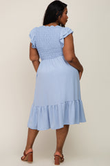 Light Blue Smocked Layered Ruffle Flutter Sleeve Plus Midi Dress