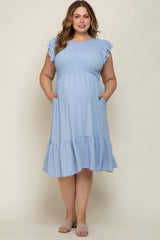 Light Blue Smocked Layered Ruffle Flutter Sleeve Maternity Plus Midi Dress