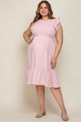 Light Pink Smocked Layered Ruffle Flutter Sleeve Maternity Plus Midi Dress