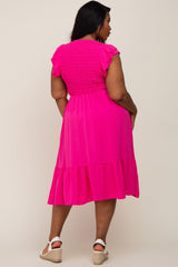 Fuchsia Smocked Layered Ruffle Flutter Sleeve Plus Midi Dress