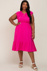 Fuchsia Smocked Layered Ruffle Flutter Sleeve Plus Midi Dress